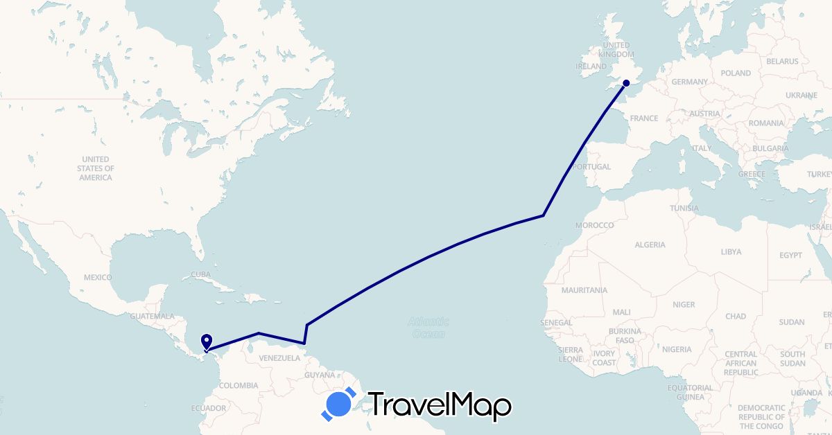 TravelMap itinerary: driving in Aruba, United Kingdom, Saint Lucia, Panama, Portugal, Trinidad and Tobago (Europe, North America)